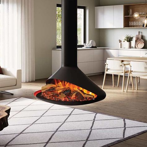 Electric Freestanding Fireplace, Floating Electric Fireplace, Fireplace Modern Design, Bed Lighting, Suspended Fireplace, Hanging Fireplace, Inset Electric Fires, Angled Ceilings, Oak Logs