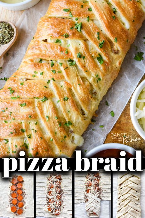 pizza braid and photos of how to make it. Pizza Dough Casserole, Recipes Using Refrigerated Pizza Dough, Canned Pizza Dough Recipes Ideas, Pizza Dough Appetizers, What To Do With Pizza Dough, Pilsbury Pizza Dough, Pillsbury Pizza Crust Recipes, Pizza Braid, Stromboli Recipes