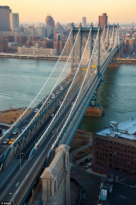 New York City"s Manhattan Bridge, one of three bridges that connect Manhattan to Brooklyn Usa Building, New York Bridge, New York Brooklyn Bridge, Manhattan Style, Uk Cities, Waterfall Pictures, Bridge City, Bridge Photography, Manhattan Bridge