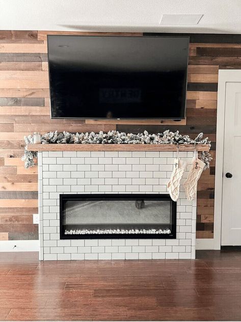 Tiles On Fireplace, Subway Tile Fireplace, Diy Stock Tank, Mantel Christmas, Hanging Fireplace, Mercury Glass Diy, Diy Fireplace Makeover, Shiplap Wall Diy, Fireplace Frame