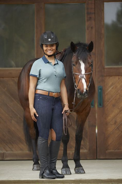 Classic polo styling keeps riders classy and comfortable on days when they trot just to feel the breeze. Slimming princess seams, a semi-fitted cut, and tulip hem create a flattering, feminine polo that looks polished tucked in or left out. Women's Equestrian, Equestrian Shirt, Riding Shirts, Show Jackets, Riding Breeches, Long Sleeve And Shorts, Knee Patches, Riding Outfit, Princess Seam