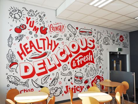 Recently we were approached by Lincoln College to produce a series of wall murals helping to transform their on-site student cafe into a vibrant, creative space. Cafeteria Design, Mural Cafe, Doodle Wall, Office Mural, Office Wall Design, Cafe Wall Art, Cafe Wall, Wall Drawing, Cafe Interior Design