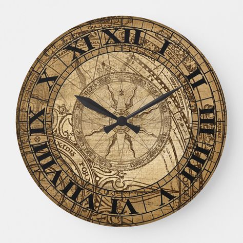 This clock is printed with a collage of old compass rose images. Old Clock Drawing, Vintage Clock Aesthetic, Vintage Saat, Modern Wall Clock Design, Nautical Wall Clock, Rose Gender, Compass Clock, Compass Art, Vintage Collage Art