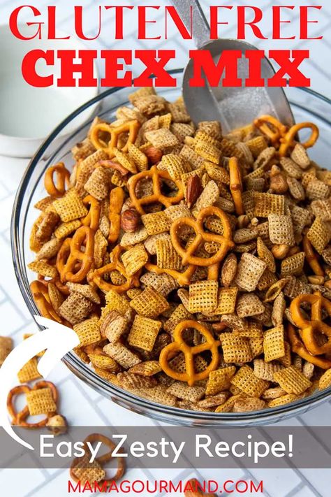 Gluten Free Chex Mix recipe takes the original party mix and transforms it into a bold and zesty snack perfect for the holidays, homemade gifts, or entertaining. Make this easy, savory mix in the oven, microwave, or in the slow cooker! #glutenfree #chexmix #original #savory #snackmix #recipe Gluten Free Chex Mix Recipes, Salty Chex Mix, Chex Mix Original, Gluten Free Chex, Chex Mix Recipes Original, Chex Recipes, Original Chex, Homemade Chex Mix, Chex Mix Recipes