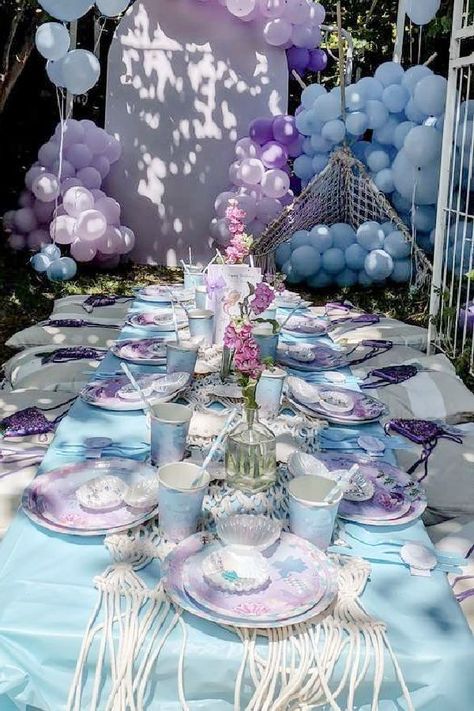 Mermaid Theme Table Set Up, Mermaid Party Table Set Up, Mermaid Table Set Up, Under The Sea Table Decorations, Mermaid Table Decor, Picnic Themes, Mermaid Table Decorations, Mermaid Table, Picnic Business