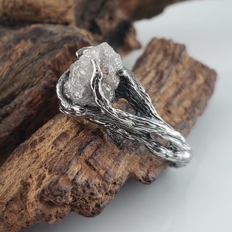 Twig Engagement Ring Branches, Raw Uncut Engagement Ring, Black Raw Diamond Ring, Uncut Gem Engagement Ring, Raw Diamond Engagement Rings Rough Cut Natural, Natural Rock Ring, Rough Cut Diamond Ring, Raw Gemstone Ring Silver, Raw Stone Engagement Rings Silver