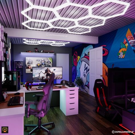 Neon hexa ceiling extra cool design ! Room Pc Setup, Set Up Gaming, Office Media Room, Pc Gaming Setup Ideas, Games Room Inspiration, Dragon Castle, Ceiling Options, Castle Rooms, Gaming Setup Ideas