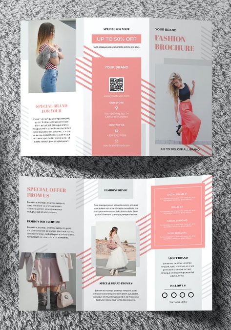 Fashion Tri-Fold Brochure Template INDD Church Brochures, Brochure Folds, Brochure Design Layouts, Brochure Graphic, Brochure Design Layout, Trifold Brochure Design, Advertising And Marketing, Pamphlet Design, Free Brochure