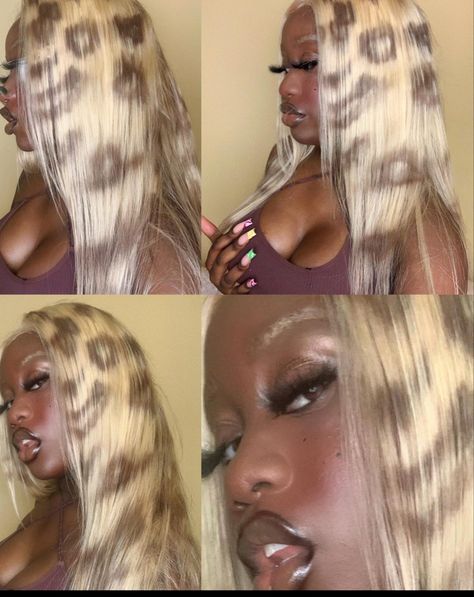 Blonde Cheetah Print Hair, Color Highlighter Makeup, Tiger Stripe Highlights, Cheetah Print Wig, Tiger Stripe Hair, Dyed Roots On Black Hair, Wigs Y2k, Tiger Stripes Hair, Cheetah Print Hair