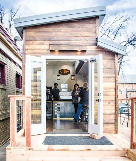 Tiny house turned coffee shop. Pocket Cafés: Story Coffee Co. - Fresh Cup Magazine Old House Turned Coffee Shop, Bakery Shed Tiny House, Shed Coffee Shop Ideas, Tiny House Bakery, Garage Coffee Shop Ideas, Tiny House Coffee Shop, Micro Coffee Shop, Shed Coffee Shop, Micro Cafe