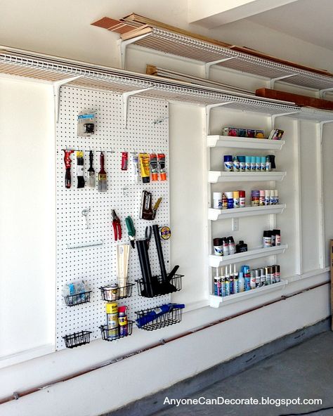 Garage Storage on a Budget- Tutorials and ideas, including this custom garage organizer by Anyone Can Decorate! Garage Organization Shelves, Garage Wall Shelving, Garage Organization Systems, Storage Shed Organization, Shed Organization, Garage Tool Storage, Garage Organization Diy, Garage Organize, Sewing Storage