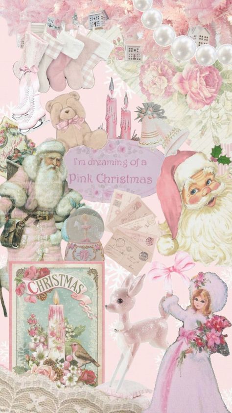 #pink #christmas #pinkchristmas #wallpaper #vintage #beauty Vintage Pink Christmas Images, Pink Christmas Prints, Pink Winter Aesthetic Wallpaper, Pink Christmas Lockscreen, Cute Pink Christmas Wallpaper, Coquette Christmas Wallpaper, Girly Christmas Wallpaper, Pink Christmas Collage, Pink Christmas Wallpaper