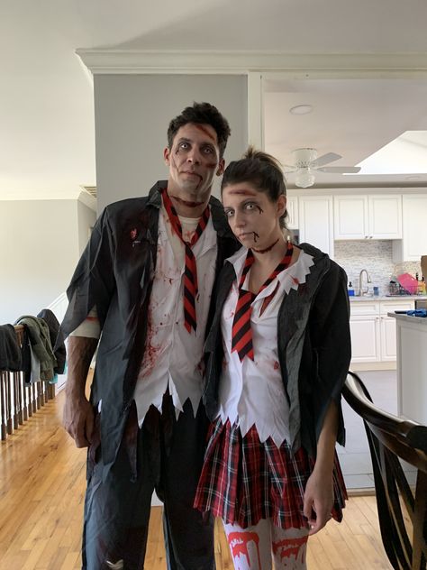 Zombie Rocker Costume, Zombie Makeup Couple, Zombie Cop Costume, Man Zombie Makeup, Zombies Couple Costume, Male Zombie Costume, Zombie Couple Halloween Costumes, Zombie Apocalypse Halloween Costume, Zombie School Costume