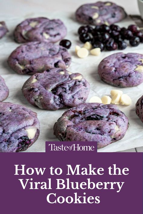 Jam-packed with flavor, these trendy blueberry cookies are the perfect snack! Crumbl Blueberry Cookies, Uses For Blueberry Jam, Berry Cookies Recipes, Blueberry Gift Ideas, Thawed Blueberry Recipes, Chocolate Blueberry Cookies, Blueberry Shortbread Cookies, Frozen Blueberry Cookies, Blueberry Heaven Cookies