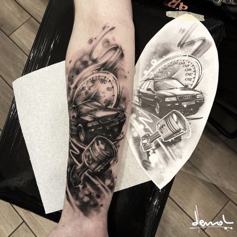 Whole Tattoo Sleeve, Car Guy Tattoos Sleeve, Car Themed Tattoo Sleeve, Car Part Tattoo, Car Theme Tattoos, Car Tattoo Designs Men, Race Car Tattoo Ideas, Racing Tattoo Design, Dragracing Tattoo