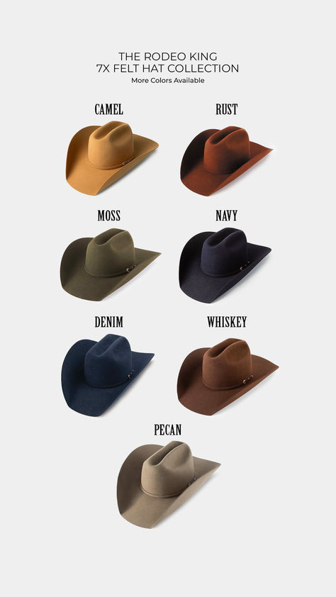 Available in several color options- there is a rodeo king felt for any western lifestyler! Felt Cowboy Hat Outfit, Cowboy Hat Outfit Men, Rodeo Hats, Greeley Hat Works, Mens Cowboy Hats, Felt Cowboy Hats, Style Lookbook, Western Style Outfits, Western Cowboy Hats