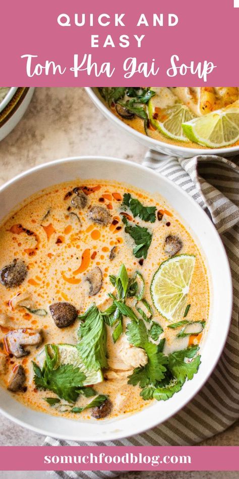 Tom Kha (Chicken Coconut Soup) is one of the easiest and most flavorful soup recipes out there! It's made in one pot in 30 minutes and will be hearty and filling! Tom Kha Soup Instant Pot, Spicy Tom Kha Soup, Tom Kha Soup Crockpot, Healthy Thai Soup Recipes, Crockpot Tom Kha Soup, Tom Ka Kai Soup Thai Chicken, Chicken Tom Kha Soup, Tom Kha Soup Vegetarian, Creamy Tom Yum Soup Recipe