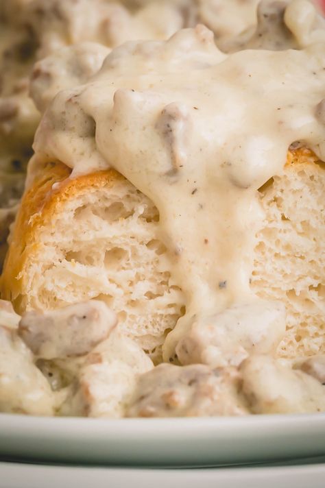 Easy Biscuits and Gravy - Busy Cooks Best Biscuits And Gravy Recipe, Buiscits And Gravy Recipes, Easy Biscuits And Gravy, Biscuits And Gravy Recipe, Best Biscuits And Gravy, Easy Biscuits, Homemade Sausage Gravy, Frozen Biscuits, Southern Breakfast