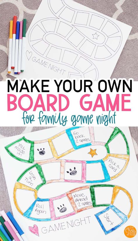 Make a DIY board game for your next family game night! Includes a Cricut Design Space template. This is a fun family game night activity for all ages, and makes a perfect homeschool project too. Make a board game for kids and adults to enjoy together. Making A Board Game Project, Design A Board Game Project, Board Game Activities For Kids, School Family Game Night, How To Design A Board Game, How To Make Your Own Board Game, Printable Board Games Template, Fun Diy Games For Kids, Board Game Project Ideas