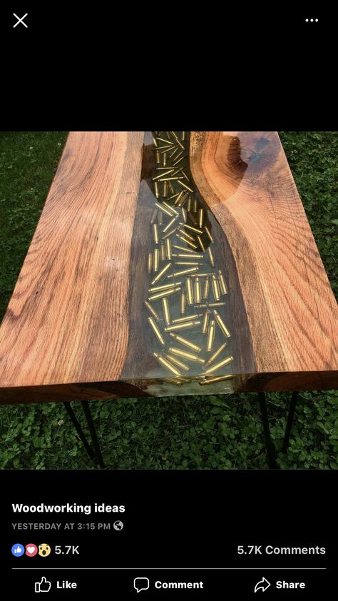 Epoxy Resin Bullet Table, Wood And Epoxy Table, Design Your House, Bullet Casing Crafts, Diy Resin Table, Resin Patio, Resin And Wood Diy, Resin Patio Furniture, Wood Resin Table