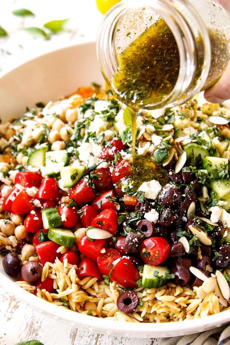 Orzo Recipes Make Ahead, Orzo Salad With Basil, Orzo Salads For Parties, Mediterranean Orzo Salad With Spinach, Orzo Pasta Salad With Chickpeas, Orzo Mediterranean Salad Feta, Orzo Feta Pasta Salad, Vegan Mediterranean Pasta Salad, Sicilian Pasta Salad Recipes