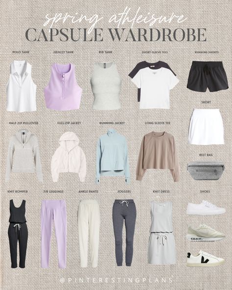 Looking for some inspiration to elevate your athleisure game this spring? Check out Pinteresting Plans for trendy and stylish athleisure outfits that will take you from the gym to brunch and beyond. This capsule wardrobe is packed with versatile pieces that can be mixed and matched for effortless style. Create your own trendy and stylish athleisure outfits that you'll love to wear all season long. Don't miss out on the must-have pieces for your wardrobe this season! Gym Wardrobe Capsule, Stylish Sporty Outfits, 2023 Athleisure, Gym Capsule Wardrobe, Classy Athleisure Outfits, Workout Capsule Wardrobe, Workout Capsule, Sporty Style Outfits, Pilates Fit