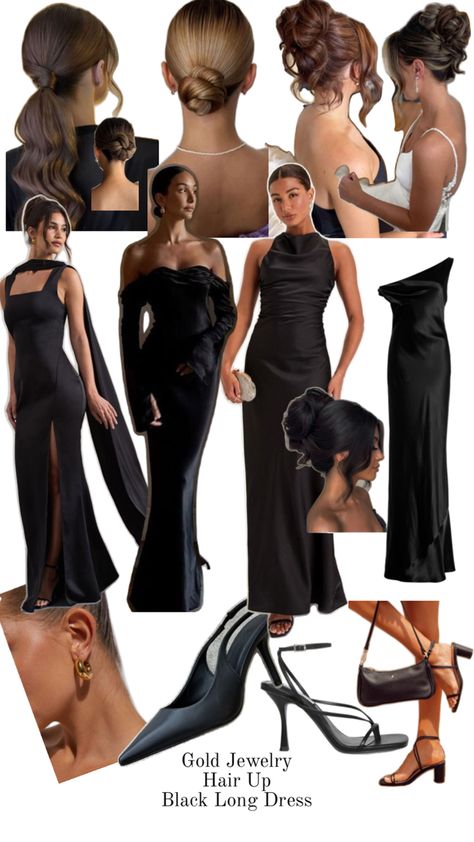 Black dress inspiration, heels, updos Black Formal Attire, Black Tie Bridesmaid Dresses, Black Tie Cocktail Party, Groomsmen Colours, Marrakech Wedding, Black Tie Bridesmaids, Black Tie Outfits, Friday Vibes, Dream Wedding Decorations