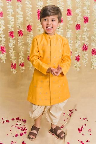 Shop for Tiber Taber Yellow Embroidered Silk Kurta And Dhoti Pant Set For Boys Online at Aza Fashions Indian Floral Decor, Boys Party Wear, Kids Ethnic Wear, India Clothes, Boys Kurta, Dhoti Pants, Silk Kurta, Kids Designer Dresses, Yellow Silk