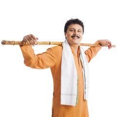 Portrait of a man with a wooden staff on his shoulders Holding Staff, Man With, Wooden Staff, Body Poses, Art Tips, Pose Reference, A Man, Art Reference, Hold On