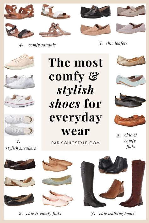 These are comfortable, chic & stylish shoes for women to wear for walking, work, travel, street style, everyday wear, & outings. Don't sacrifice comfort for stylish shoes. #parischicstyle #bestshoes #comfortableshoes #besttravelshoes #bestshoesforwalking #bestshoesforwork #streetstyle #fashion #stylishsneakers #bestboots #bestflats #bestballetflats #balletflats #sneakers #bestloafers #bestsandals #balletflatsforwalking #flatsforwalking #flatsforwork #travelshoes #stylishwalkingshoes #travel Shoes For Moms Casual, Work Outfits With Comfortable Shoes, Comfortable Business Casual Shoes For Women, Shoes Professional Women, Fall Flat Boots Outfit, Everyday Work Shoes Women, Office Shoes Women Business Casual, Work Winter Shoes, Work Wear Shoes Women