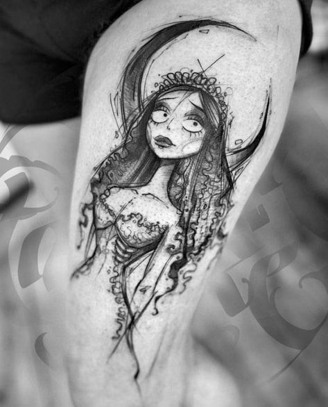 Corpse Bride Tattoo, Bride Tattoo, Sketch Tattoos, Tim Burton Tattoo, Emo Tattoos, Petit Tattoo, Brides With Tattoos, Leg Tattoos Women, Pretty Tattoos For Women