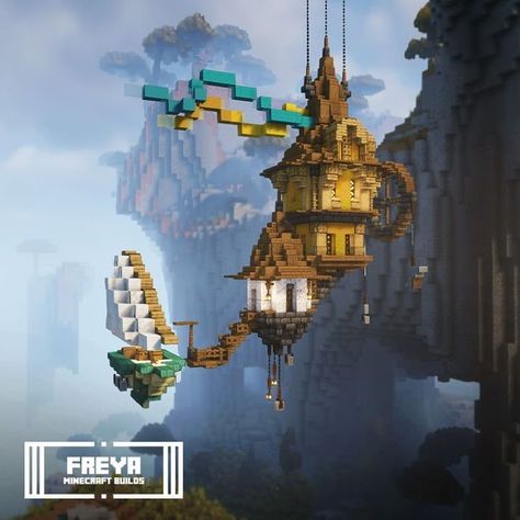 Minecraft Hanging House Ideas, Floating City Minecraft, Minecraft Flying Ship, Hanging Minecraft House, Floating House Minecraft, Hanging House Minecraft, Minecraft Suspension Bridge, Minecraft Hanging House, Minecraft Build Inspiration