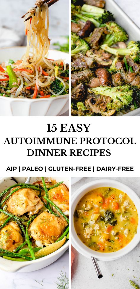 These 15 easy autoimmune protocol (AIP) dinner recipes will make meal planning and AIP meal prep a breeze! #healmedelicious #aip #paleo #aiprecipes #paleorecipes #aipdiet #autoimmunepaleo #aipprotocol #glutenfree #autoimmuneprotocol #easyaipdinners #aipdinnerrecipes #easyaiprecipes #aipmealprep #aipmealplan #aipmealplanning #aipdinner #onepotmeals #onepanmeals #sheetpanmeals #soups #stews #aiponepandinner #aiponepotmeal #aipsoup #aipsheetpandinner Autoimmune Meal Plan, Aip Meal Prep For The Week, Healthy Dinner Recipes Paleo, Elimination Diet Recipes Dinner, Quick Anti Inflammation Dinner Recipes, Swank Diet Recipes, Paddison Program Recipes, Healthy Non Inflammatory Dinner, Anti Inflammation Recipes Gluten And Dairy Free