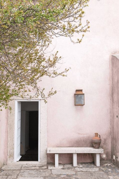 pale pink patio wall, blush pink, light pink, pink building, pink architecture, pale pink, benjamin moore pink bliss Benjamin Moore Pink, Painted Patio, Patio Wall, Best Paint Colors, Pink House, Casa Exterior, Pink Wall, Pink Houses, Pink Walls