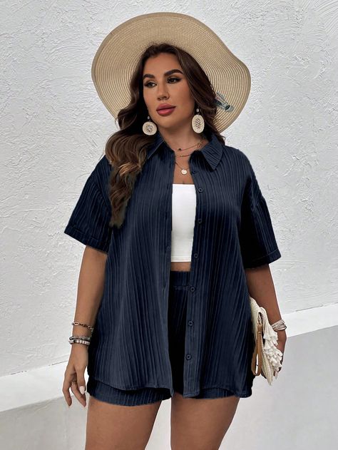 Navy Blue Casual Collar   Plain  Embellished Non-Stretch  Women Plus Clothing Two Piece Outfits Shorts, Outfits Shorts, Two Piece Outfits, Shirt And Shorts, Co Ords, Vacation Style, Kids Beachwear, Two Piece Outfit, Plus Clothing