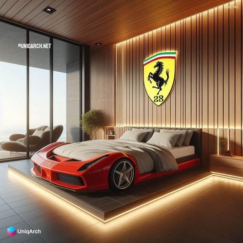 Ferrari Inspired Bed Boys Car Bedroom, Royal Bedroom Design, Amazing Bedroom Designs, Bed With Led Lights, Unique Furniture Design, Cars Room, Car Bedroom, Beautiful Bed, Bedroom Trends