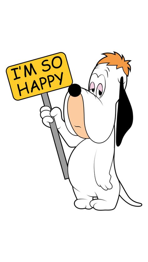 This adorable white dog with an uninspired face is called Droopy and he loves to walk with a sign that says I'm So Happy. The funny cartoon sticker with Droopy I'm So Happy!. Saturday Morning Cartoons, Old Cartoon Characters, Old School Cartoons, School Cartoon, Looney Tunes Characters, Looney Tunes Cartoons, Desen Anime, Classic Cartoon Characters, Favorite Cartoon Character