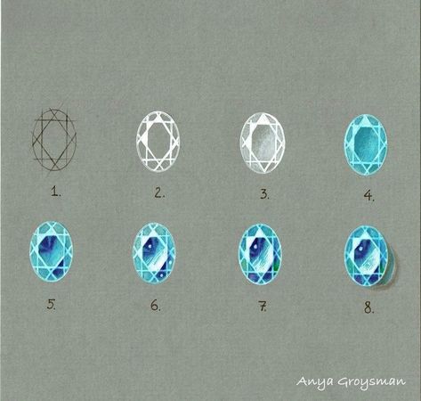 Gemstone Drawing Reference, How To Color Jewelry Drawing, How To Draw A Gemstone, How To Paint Gemstones, Jewel Drawing Tutorial, How To Draw Gems, How To Draw Jewelry, Drawing Gemstones, Gemstones Drawing