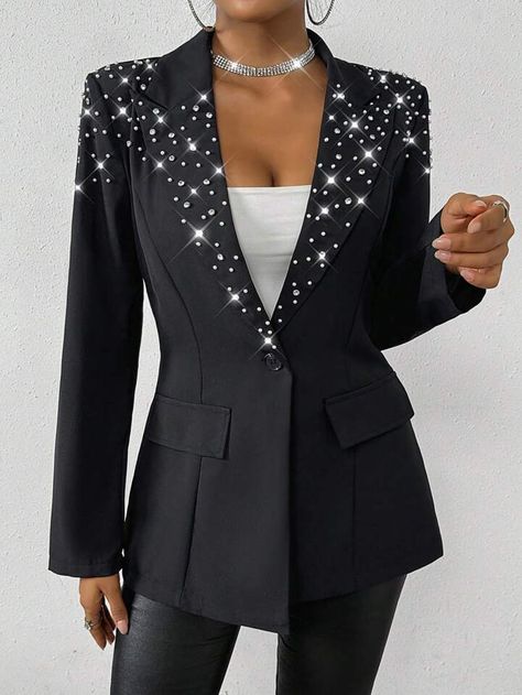 Women Blazers, Pantsuits For Women, Black Party, Pearl Studs, Lapel Collar, Blazers For Women, Night Sky, Women Clothing, Woven Fabric