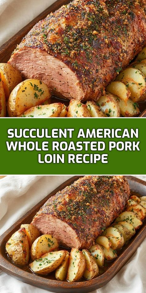 Join me in creating the most mouthwatering Succulent American Whole Roasted Pork Loin! This dish features a perfectly seasoned pork loin with a crispy crust, served alongside golden roasted potatoes. Ideal for family gatherings or special occasions, this recipe combines simplicity with delicious flavors. Get ready to impress your guests with this stunning centerpiece and rich, savory taste! Cooking A Pork Loin In The Oven, Pork Loin For Christmas Dinner, 3lb Pork Loin In Oven, Roast Pork Loin Recipes, Pork Loin In Oven Recipes, Boneless Pork Top Loin Roast Recipes, Pork Loin Roast In Oven With Gravy, Recipe Pork Loin, Pork Half Loin Recipes