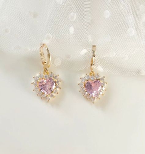 Pink Crystal Earrings, Shiny Earrings, Pink Heart Earrings, Princess Earrings, Red Heart Earrings, Cute Engagement Rings, Heart Earring, Magical Jewelry, Uñas Acrilicas