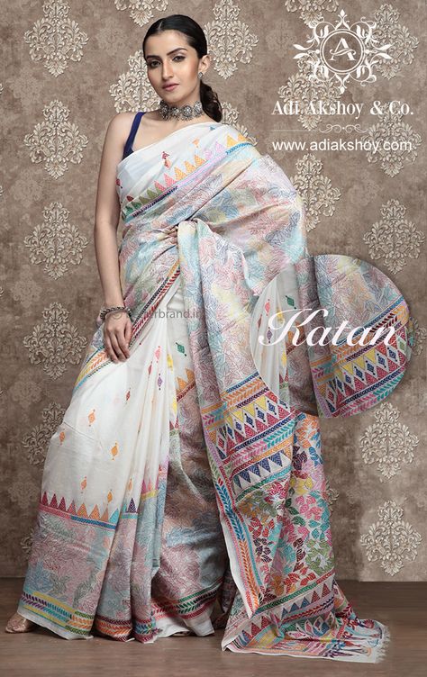 Saree Varieties, Kantha Stitch Saree, Kantha Work Sarees, Phulkari Saree, New Fashion Saree, Baluchari Saree, Katan Saree, Long Blouse Designs, Saree Work