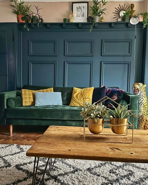 Layered Green Tones Green Couch Blue Walls, Green Sofa Cushions, Writer Room, London Townhouse Interior, Velvet Sofa Living Room Ideas, Green Velvet Sofa Living Room, Blue Velvet Couch, Green Sofa Living, Blue Walls Living Room