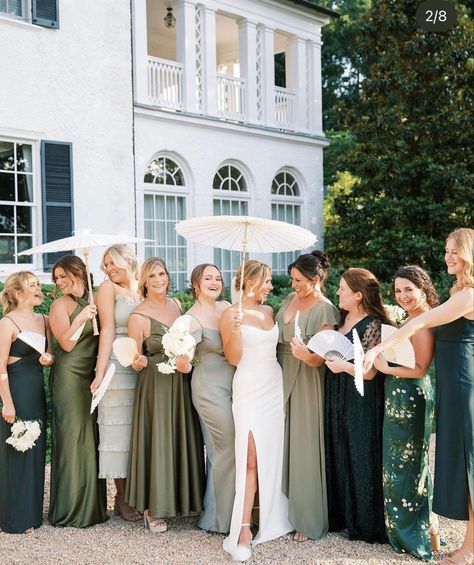 Natural Green Bridesmaid Dresses, Groomsmen And Bridesmaids Colors Spring, Different Shades Of Green Bridesmaid Dresses, Bridesmaid Mix And Match Dresses, August Bridesmaid Dresses, Different Green Bridesmaid Dresses, Wedding Pop Of Color, Bridesmaid Dresses Color Schemes, Same Color Different Style Bridesmaid