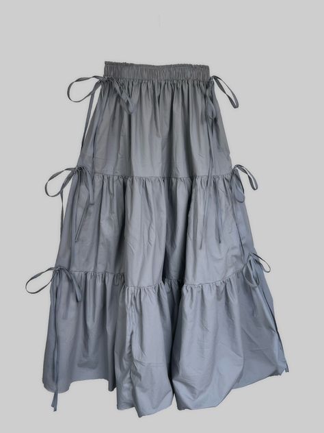 Grey ruffle skirt ribbons bows ties long Tie Ribbon Bow, Tiered Skirt Pattern, Ruffle Skirt Long, Tie Ribbon, Bow Skirt, Ribbon Skirts, Skirt Long, How To Make Clothes, Modest Fashion Outfits