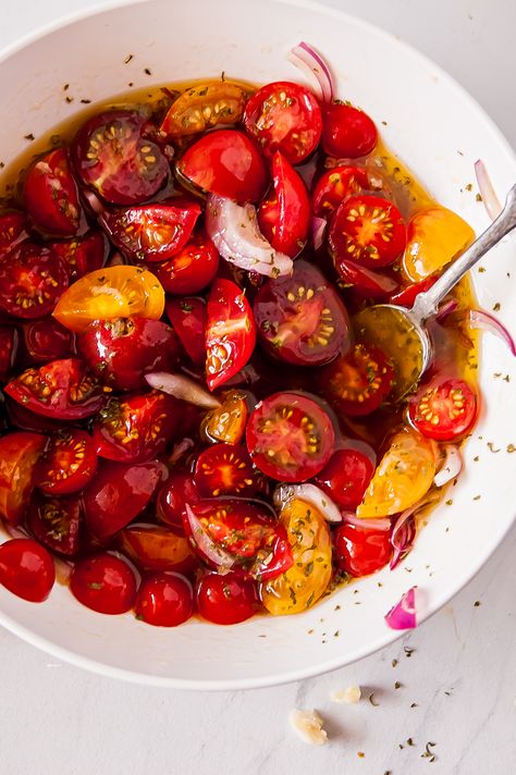 Cherry Tomatoes Recipes, Marinated Tomato Salad, Bacon Egg Salad, Poached Fish, Tomatoes Recipes, Cherry Tomato Recipes, Grilled Ribeye, Delicious Salad Dressings, Marinated Flank Steak