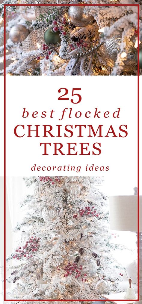 The best Inspiration and ideas for your Christmas tree this Holiday season! 25 gorgeous flocked Christmas trees decorated beautifully in different styles. Each tree is dusted in snow and chock full of ideas for how to decorate for the coziest season yet. Flocked Trees Decorated, Flocked Christmas Tree Ideas, Pencil Trees Decorating Ideas, Antler Christmas Tree, White Flocked Christmas Tree, Christmas Trees Decorated, White Xmas Tree, White Christmas Tree Decorations, Flocked Christmas Trees Decorated