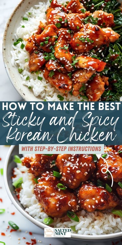 Whip up this Spicy Chicken recipe tonight! Crispy chicken breast meets spicy, sticky gochujang sauce in this healthy Korean dish that's perfect for easy family dinners. Asian Spicy Chicken Recipes, Healthy Sticky Chicken, Essen, Easy Chicken Recipes Asian, Korean Chicken Gochujang, Korean Sticky Chicken Recipe, Korean Chicken Marinade Sauce Recipes, Sticky Korean Chicken, Korean Sauce For Chicken