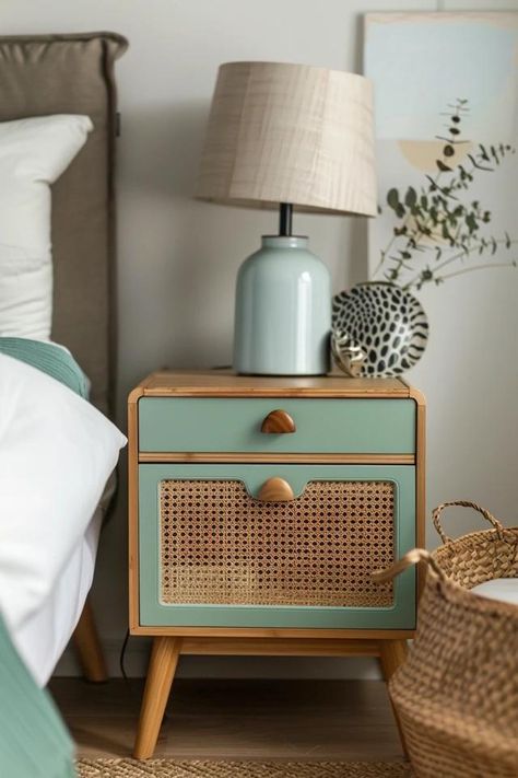 Refinish Nightstand Ideas: Revamp Your Space! Modern Vintage Bedside Table, Night Table Makeover, Diy Painted Nightstand, Nightstand Flip Bohemian, Retro Bedside Table, Ikea Bedside Table, Bedside Table Ideas Diy, Cane Bedroom Ideas, Upcycled Nightstand Modern