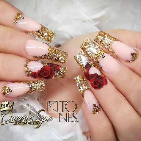 STUNNING Nails Art on Instagram: “Follow us for more nails inspirations -> @stunningnailsart” Beauty And The Beast Nails Acrylic Long, Beauty And The Beast Quinceanera Nails, Beauty And The Beast Quinceanera Makeup, Beauty And The Beast Wedding Nails, Beauty And The Beast Quince Nails, Beauty And Beast Nails, Beauty And The Beast Inspired Nails, Beauty And The Beast Nails Acrylic, Red And Gold Quince Nails